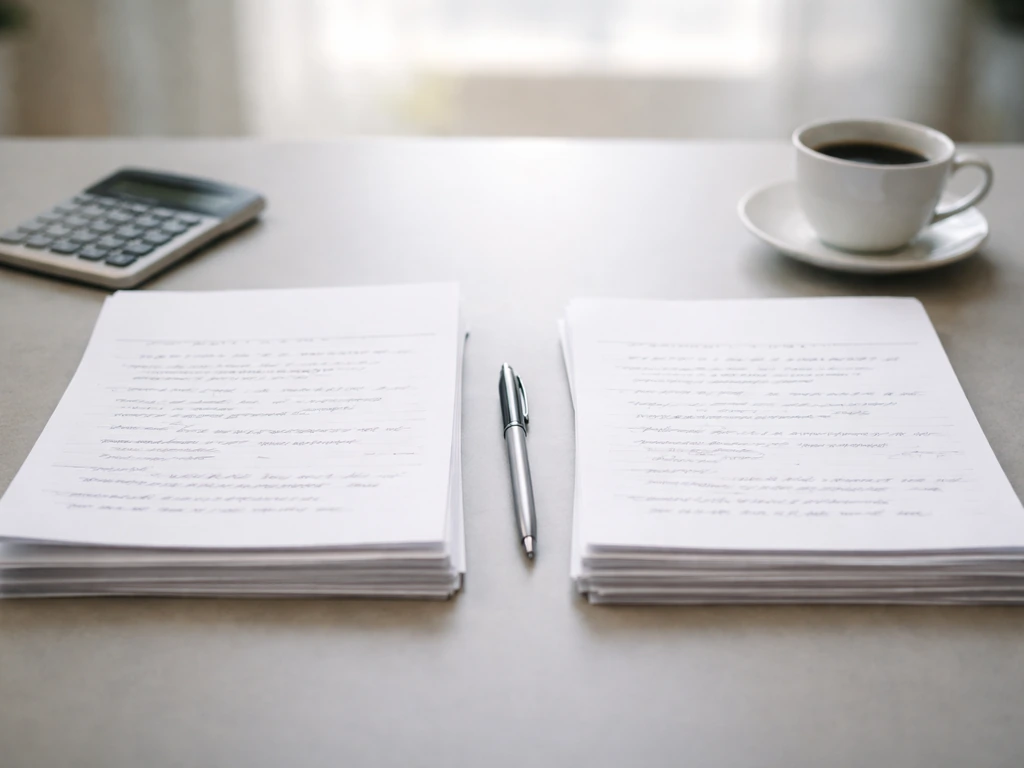 Two paper stacks on a desk with pen and calculator, symbolizing differing money estimates from separate sources.