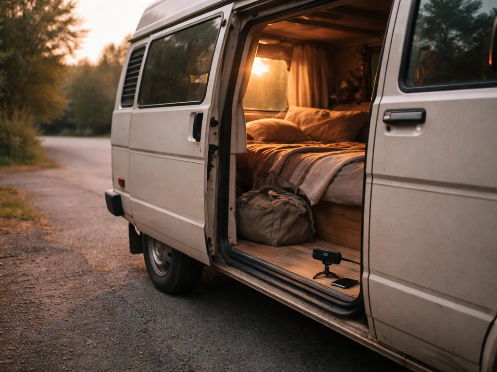 Vanlife camper van parked roadside with a phone and small microphone on the step, symbolic creator income.