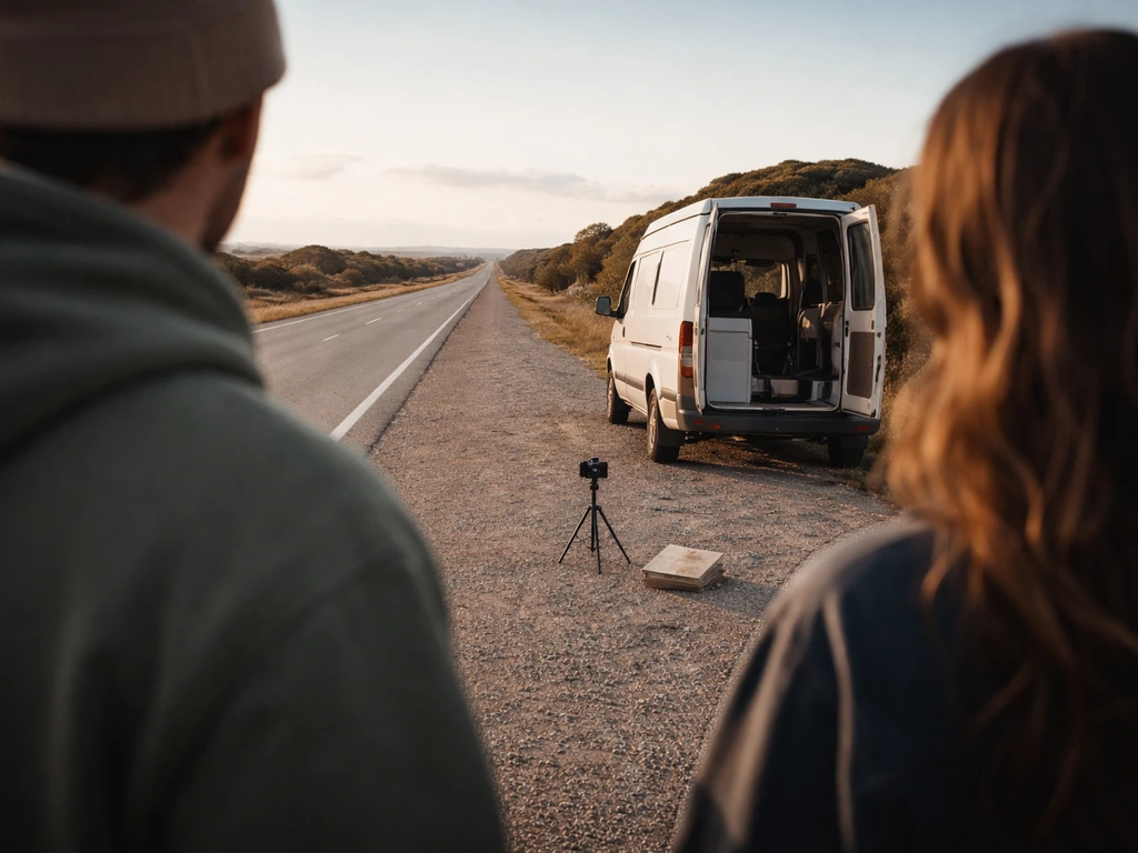 Two-person vanlife-style framing by a parked van on an empty roadside, evoking creators’ journey and age context.