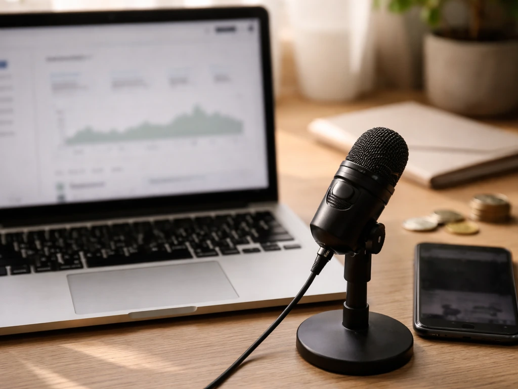 Close-up of a creator desk with laptop blurred analytics, phone, and microphone, with coins nearby.