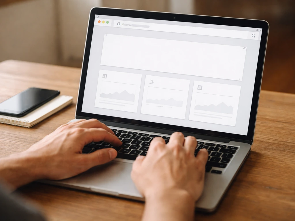 Hand typing a URL into a laptop address bar beside a blank analytics-style webpage for verifying an estimate