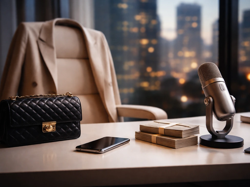 Upscale desk with a blazer, smartphone, and microphone, symbolizing reality TV wealth analysis without showing any perso