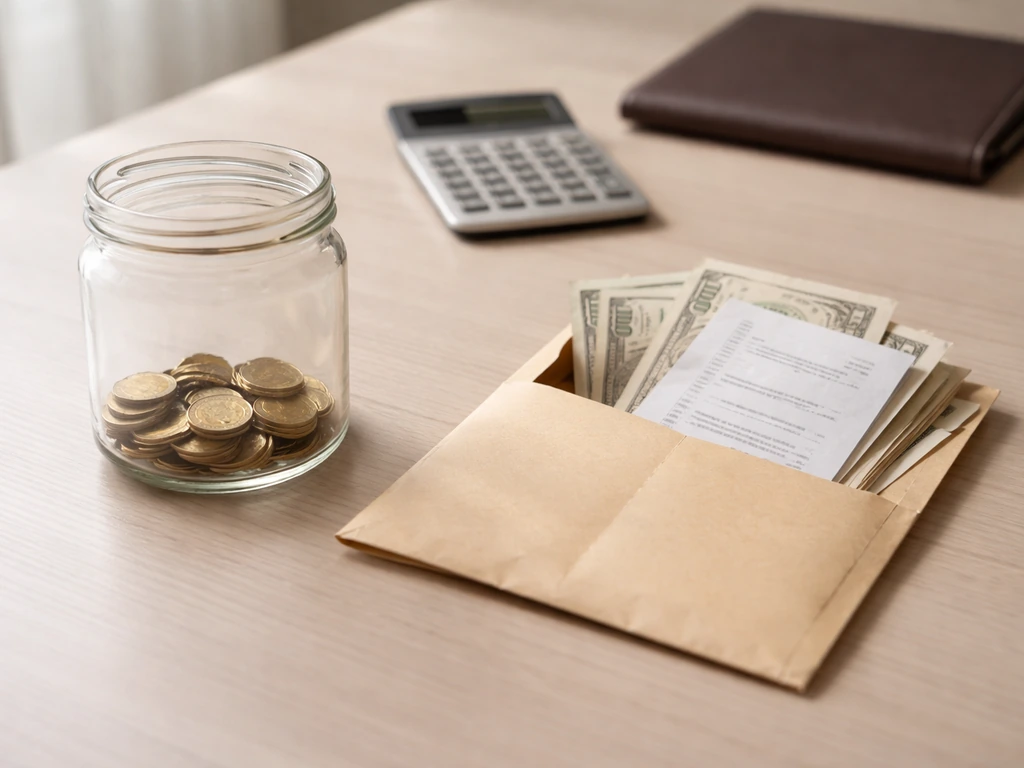 Minimal desk scene showing a jar of coins and an envelope of bills beside a calculator to suggest net worth.