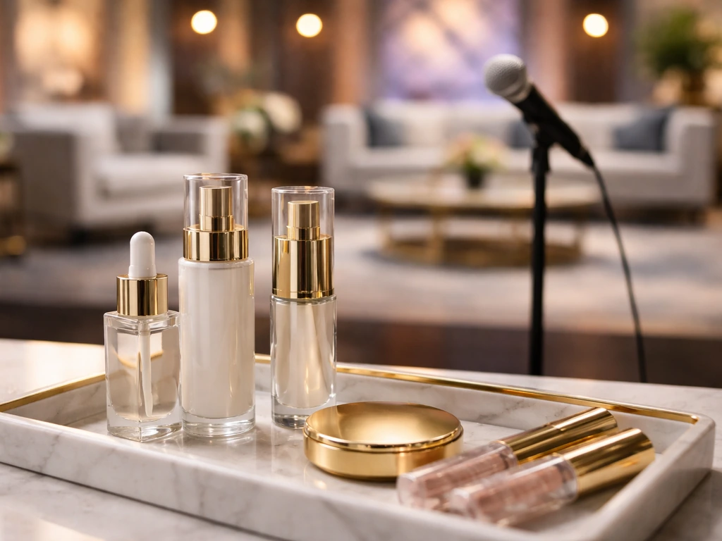 Luxury cosmetics bottles in the foreground with a blurred media microphone in the background.