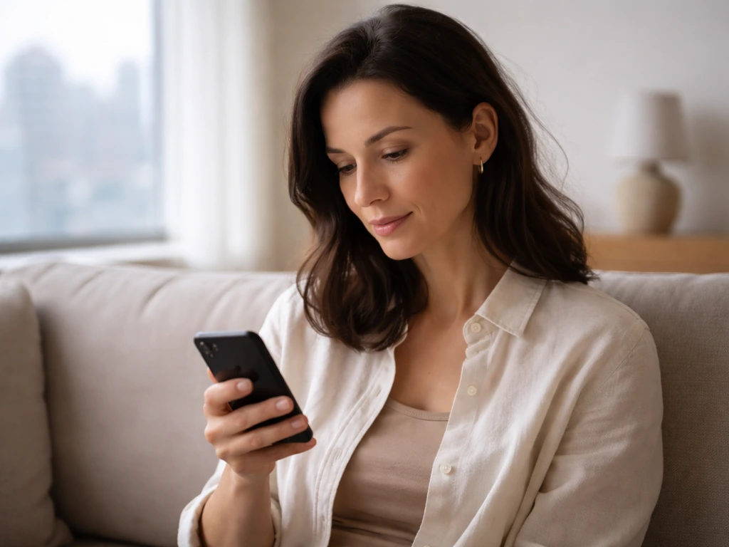 Anonymous woman in a chic living room, holding a phone, with a city skyline visible through a window