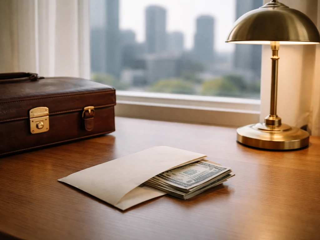 Minimal desk scene with a cash-like envelope and a quiet city view suggesting a $10M–$20M wealth estimate.