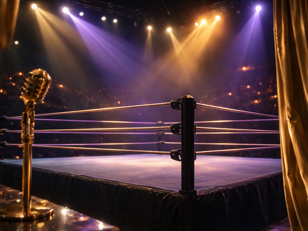 Empty wrestling arena ring under colored spotlights with glam media props, dramatic and minimal.