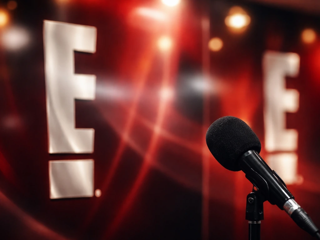 Close-up of blurred TV network-style signage tones with a studio microphone silhouette in soft light.