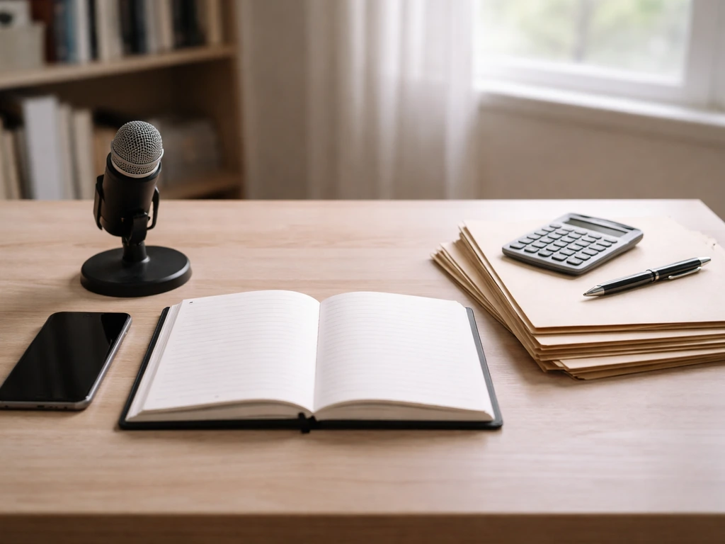 Minimal desk with calculator, planner, and microphone symbolizing media franchise financial estimation.