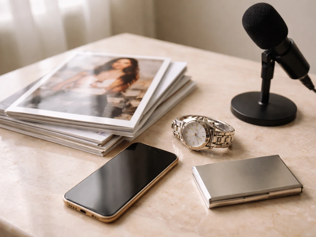 Minimal luxury desk scene with phone, glossy magazine covers, microphone, and watch symbolizing growth milestones.