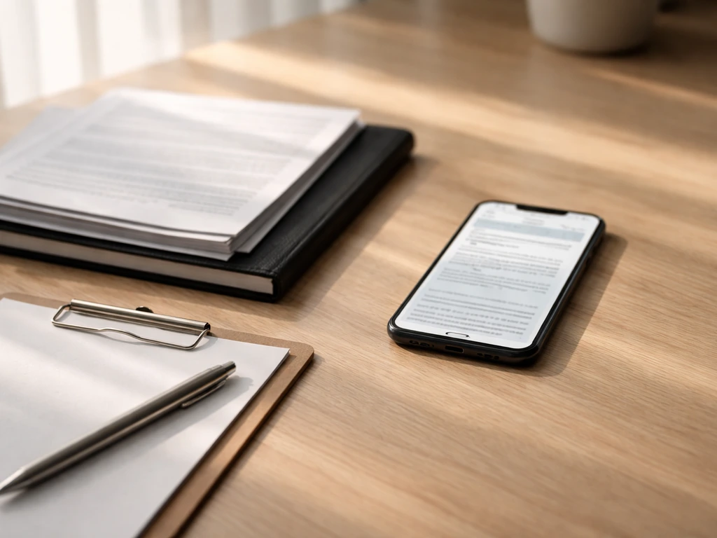 Minimal desk scene with smartphone and documents suggesting verifying last updated dates across sources