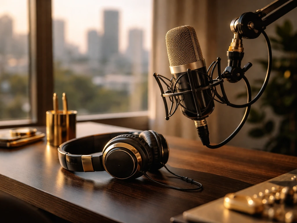 Studio desk with a broadcast microphone and headphones, warm city view background, symbolizing media personality