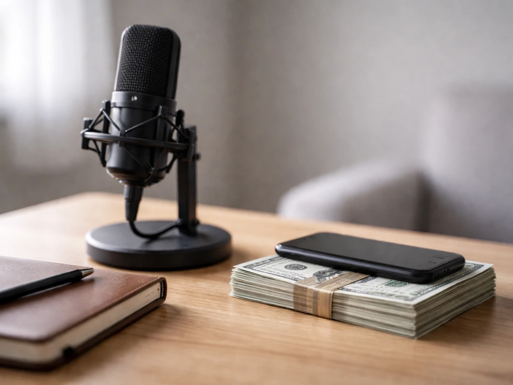 Minimal photo of a media studio desk with cash and a microphone, symbolizing a net worth estimate range.
