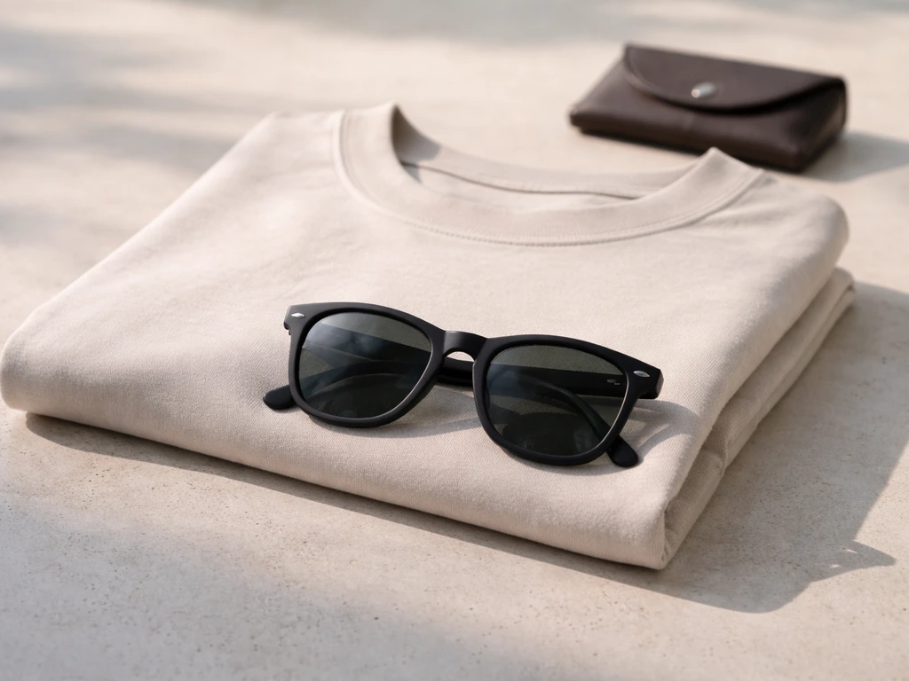 Luxury sunglasses and a plain folded T-shirt arranged neatly on a light concrete surface.