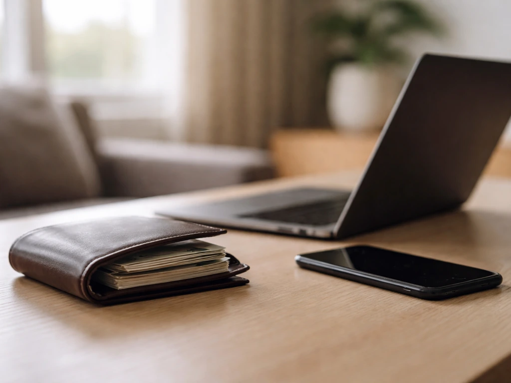 Minimal office scene with scattered cash and a laptop, symbolizing net-worth comparison without showing any person.