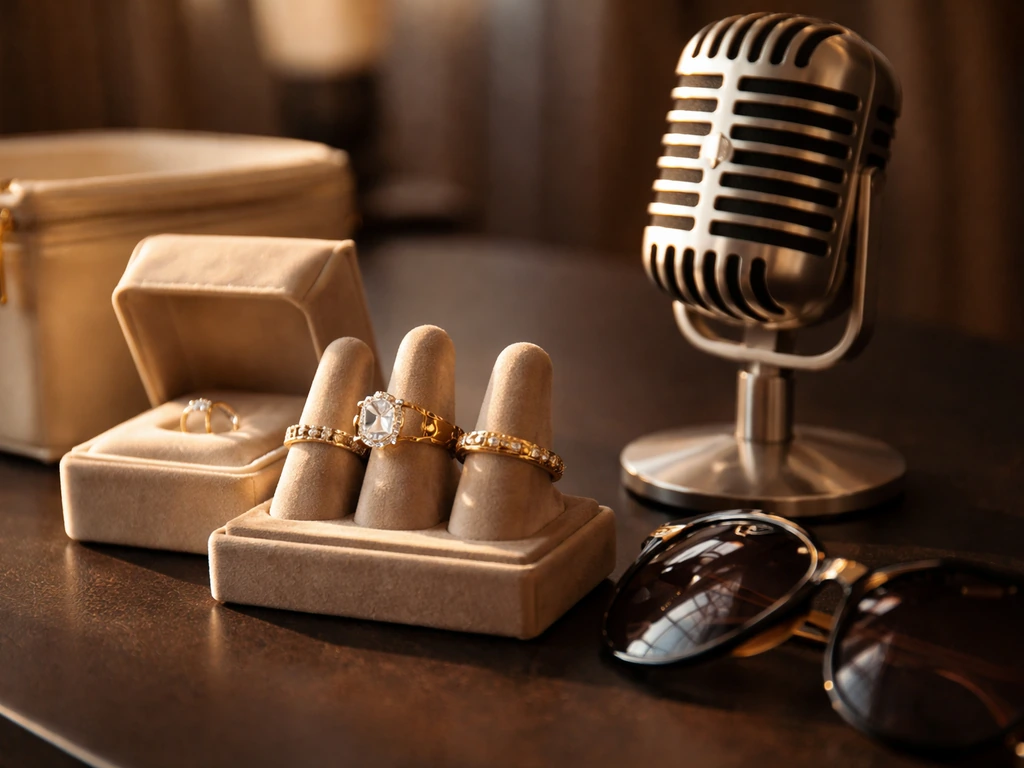 Luxury jewelry and a studio microphone on a dark surface, symbolizing celebrity wealth and media net worth.