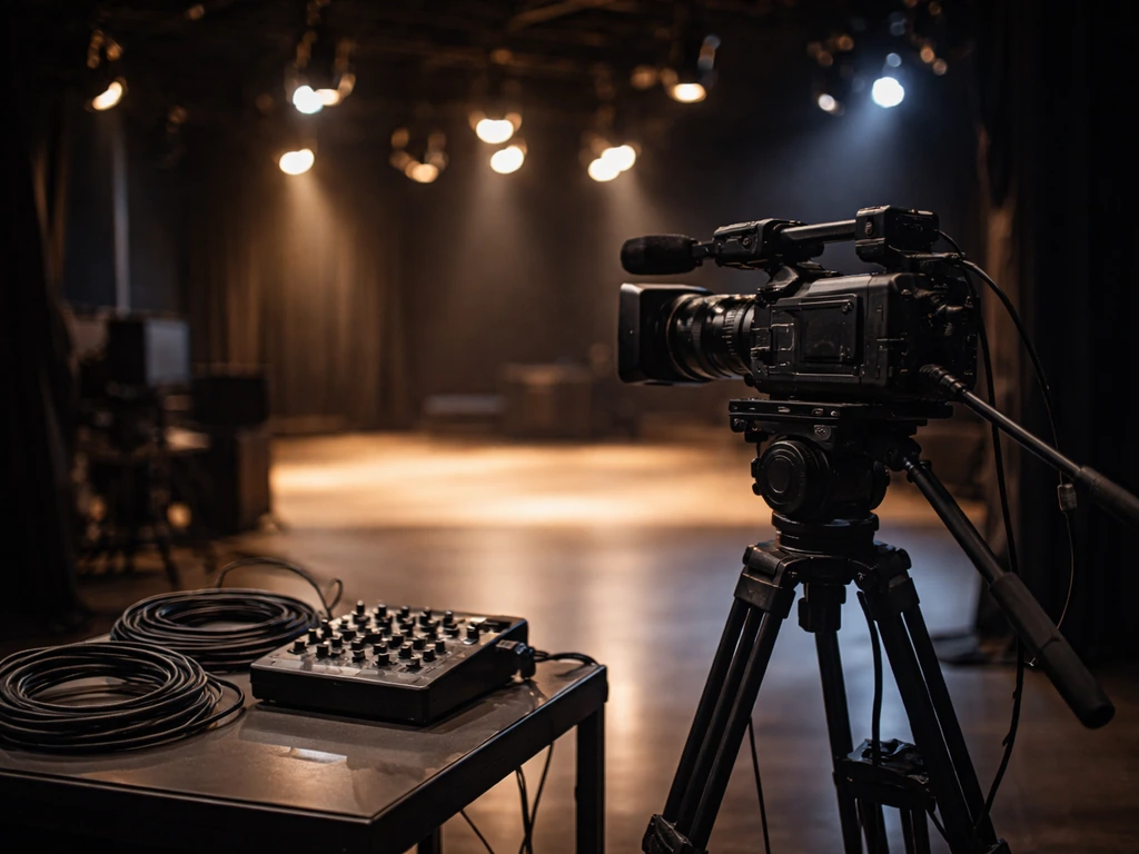 On-set media production workspace with stage lighting and camera rig suggesting televised episode earnings