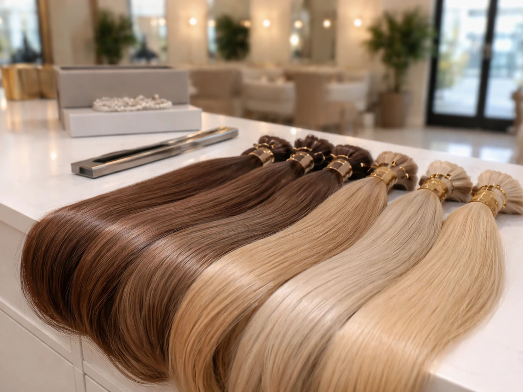 Luxury hair extension bundles displayed on a clean salon counter with a subtle storefront vibe in the background