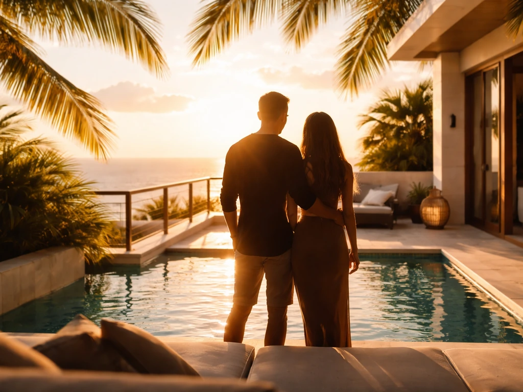 Sunlit luxury villa balcony at golden hour with a blurred silhouette vibe, hinting at celebrity lifestyle and wealth.