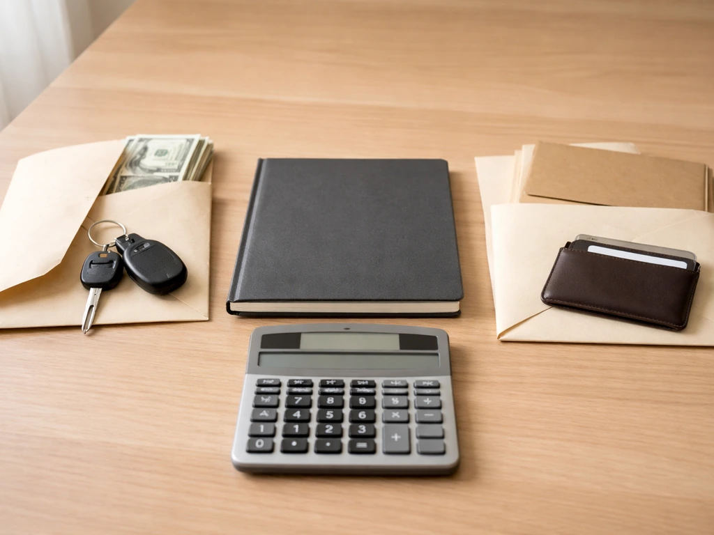 Minimal desk scene with cash, keys, folders, and a calculator suggesting assets minus liabilities