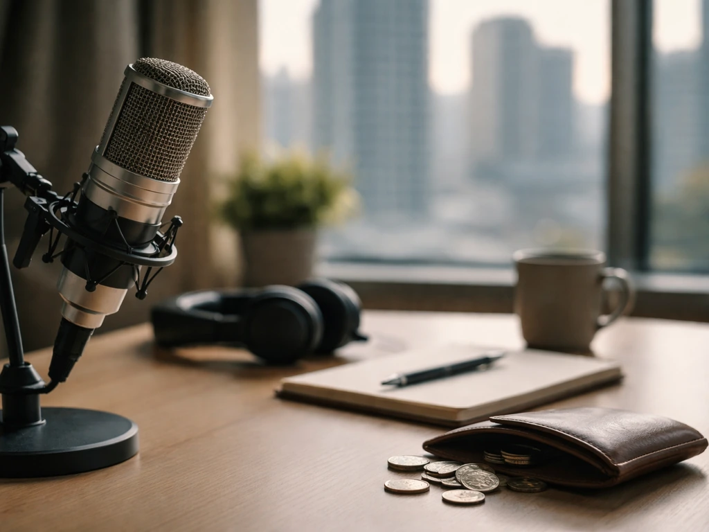 Minimal studio desk with microphone and scattered coins, symbolizing estimated net worth comparisons