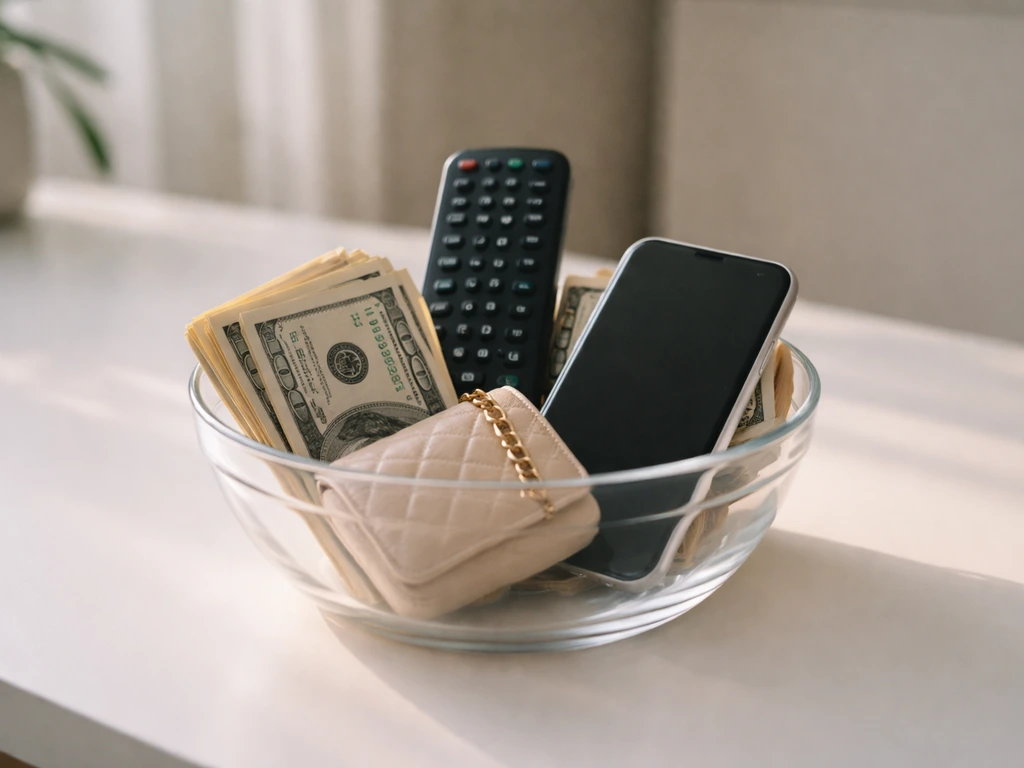 Small desk bowl with cash, remote, accessory, and a dark smartphone symbolizing TV and brand income.