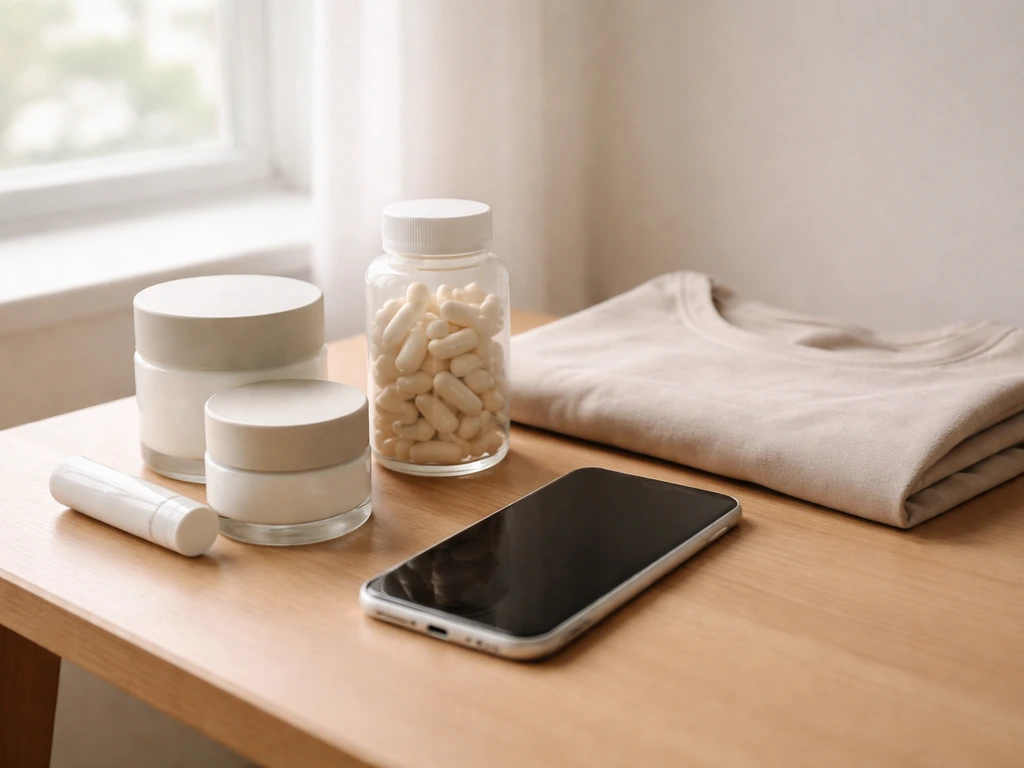 Skincare and fashion items neatly arranged beside a smartphone in a simple desk setup