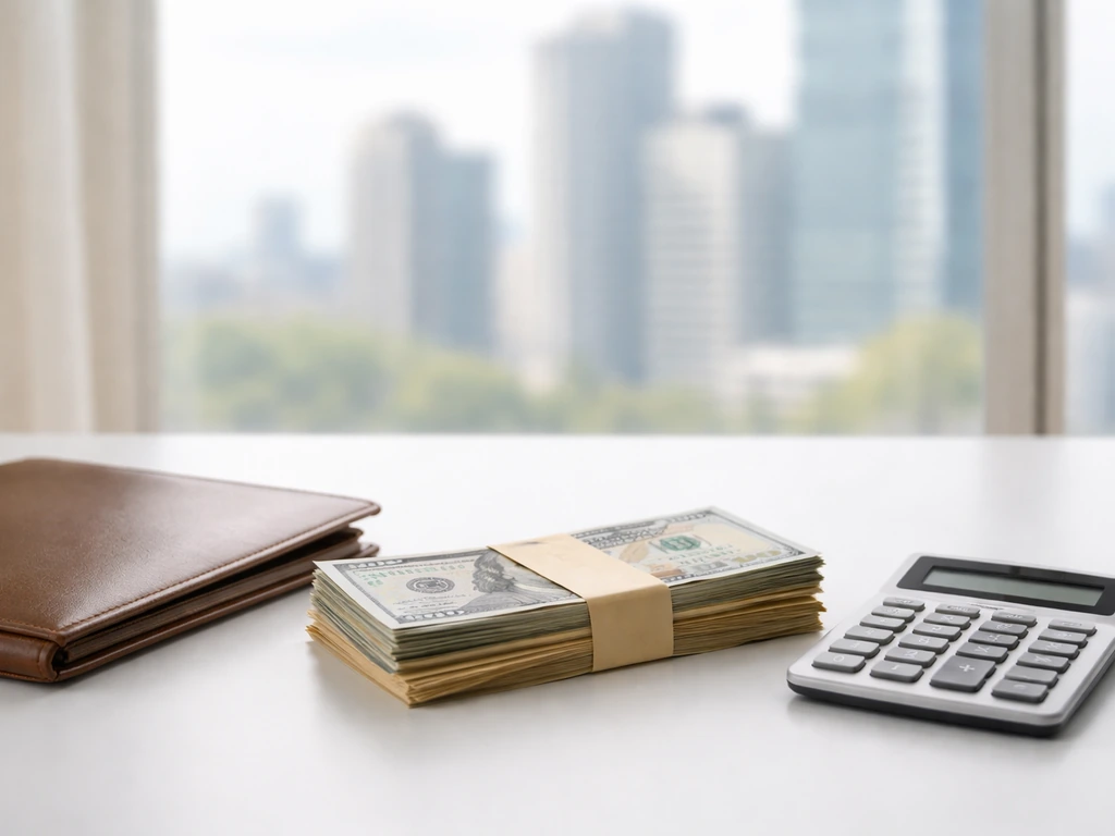 Minimal desk scene with cash stack and business items, symbolizing a net worth range.
