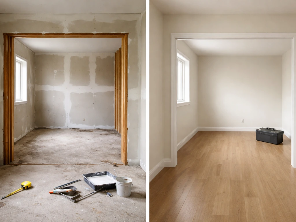 Split-view of an unfinished and freshly renovated room, symbolizing career and wealth growth over time.