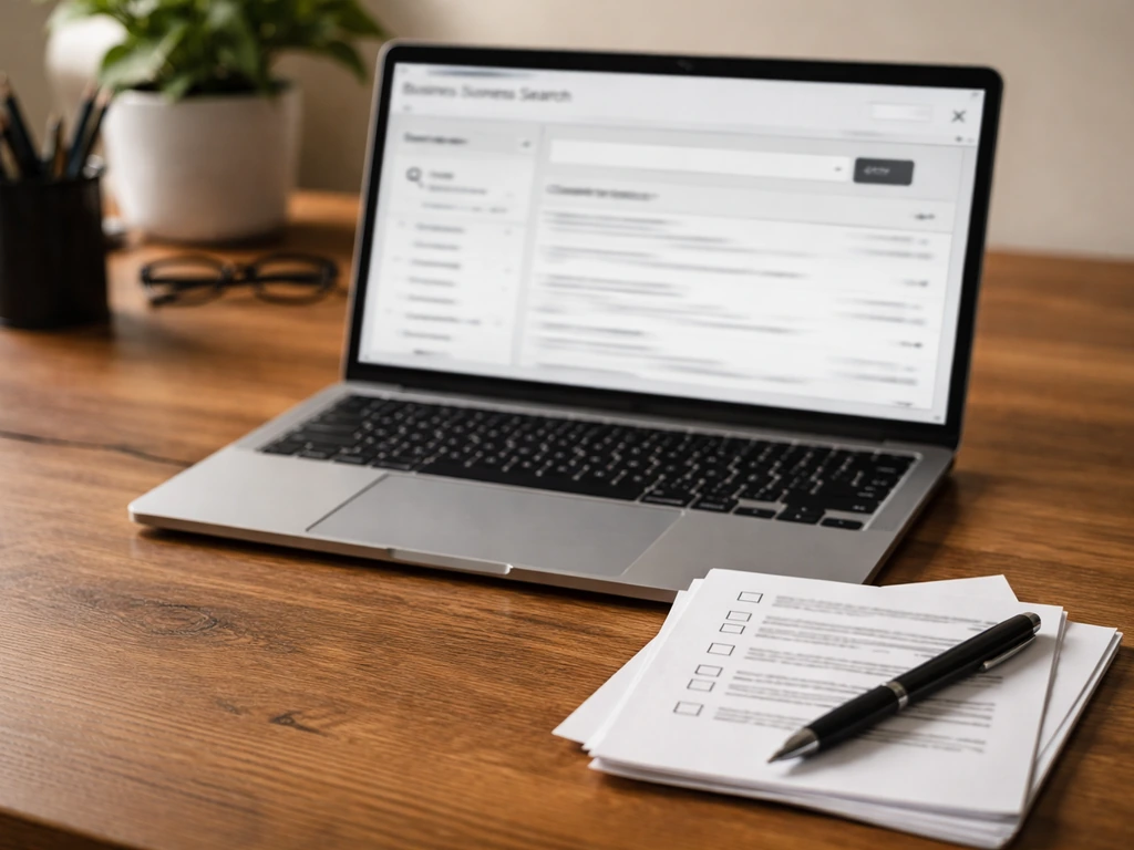 Desk with a laptop showing a generic business search page and printed checklist notes with checkboxes.