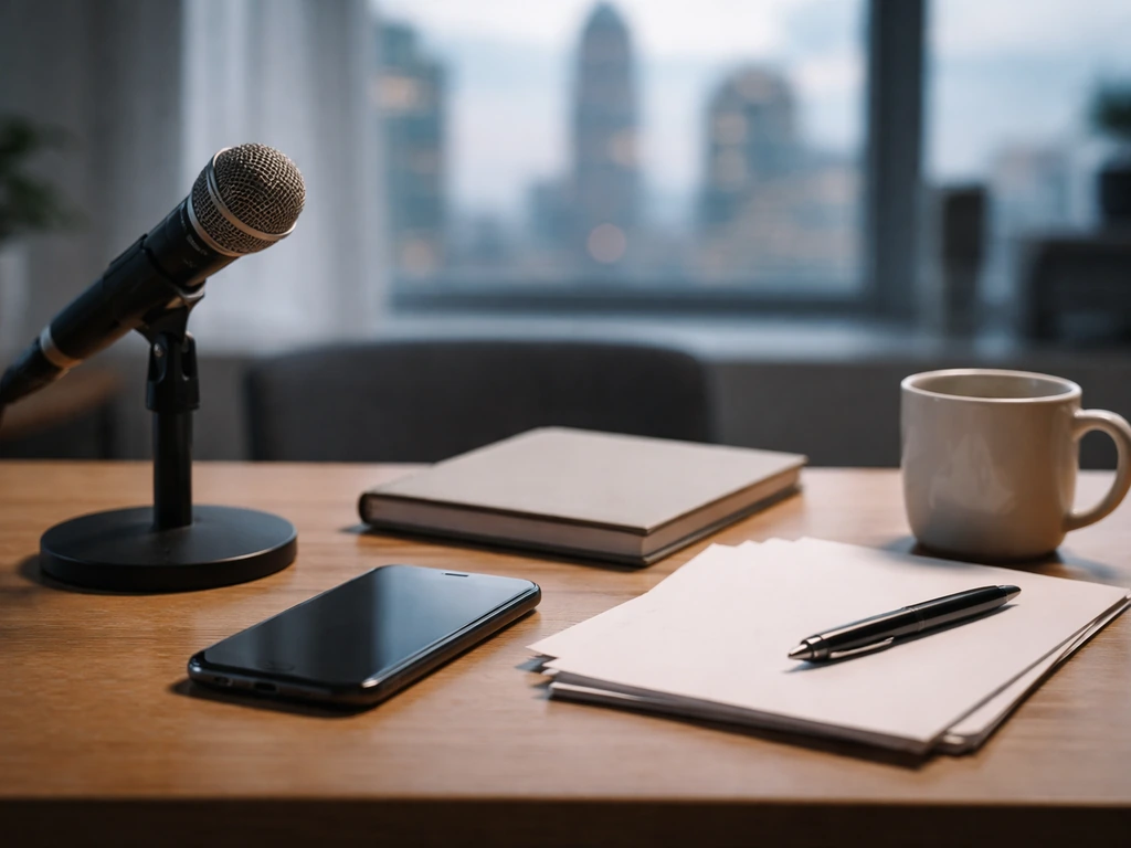 Minimal office desk with a microphone, smartphone, and blank papers suggesting assembling an estimate from signals.