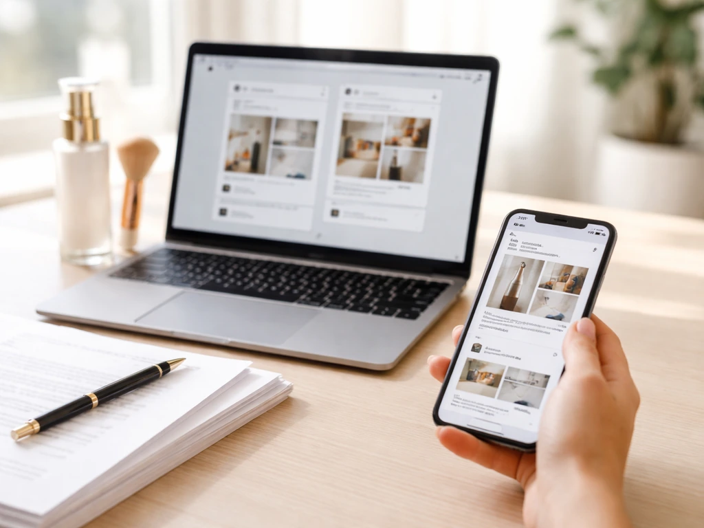 Minimal desk with laptop and phone showing generic partnership-style layouts, plus skincare items and blank contracts.