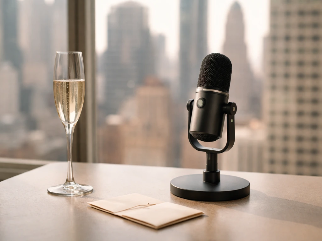 A glamorous media-studio desk with a microphone, implying Real Housewives fame and wealth searches
