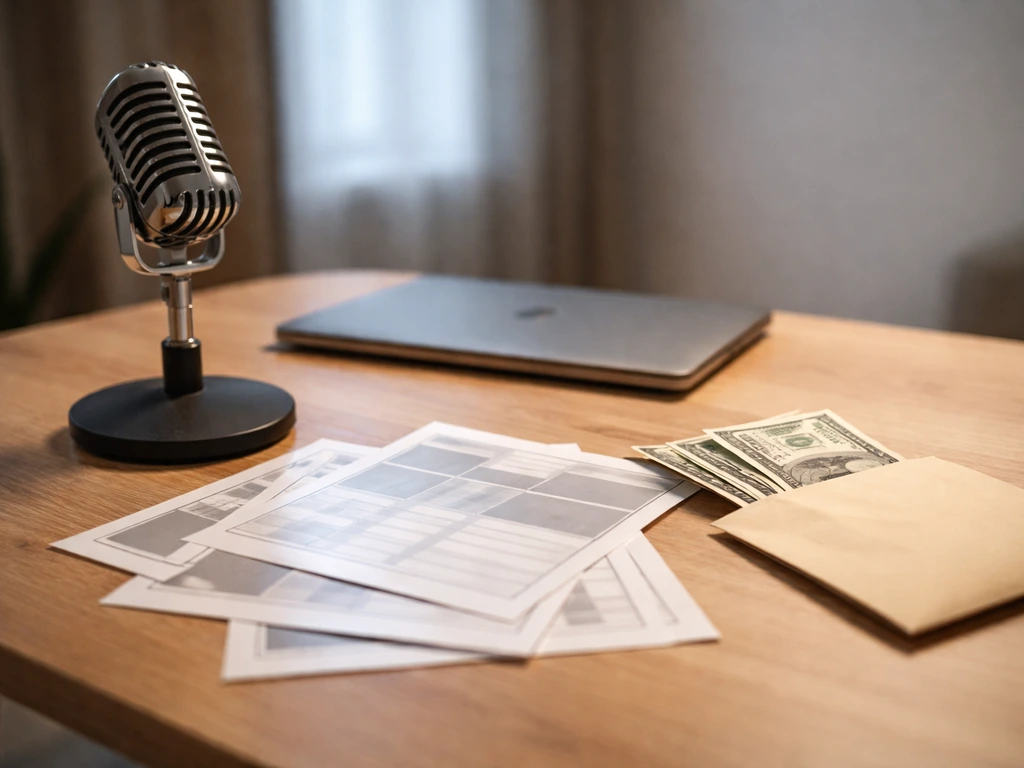 Minimal studio desk scene with microphone and an envelope holding cash, suggesting reality-TV earnings.