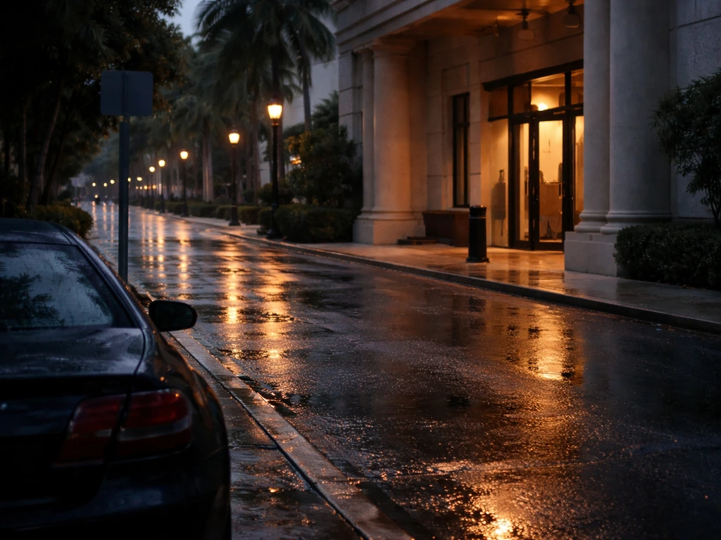 Palm Beach street at dusk with a law-office building entrance and a parked car, suggesting a 2016 news moment.