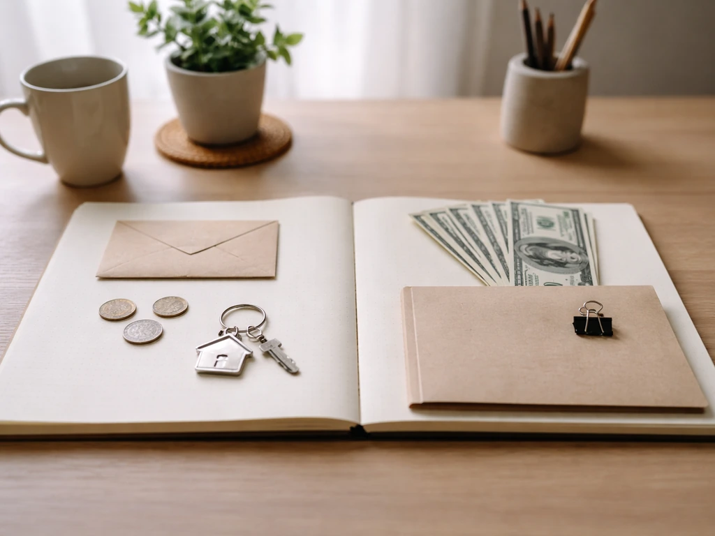 Minimal desk scene with coins, keys, and bills arranged to suggest assets minus liabilities.