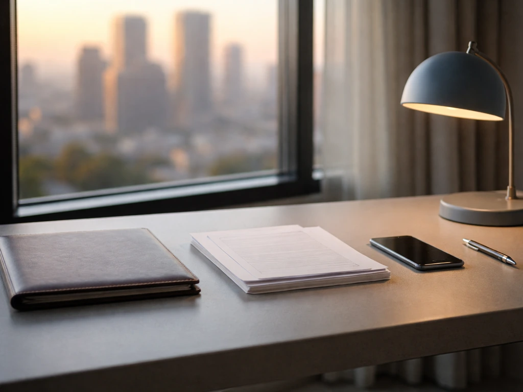 Modern office desk with insurance-themed objects and a soft city skyline backdrop