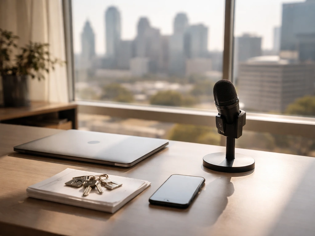 Modern real estate office desk with a small microphone, keys, and city skyline light through window