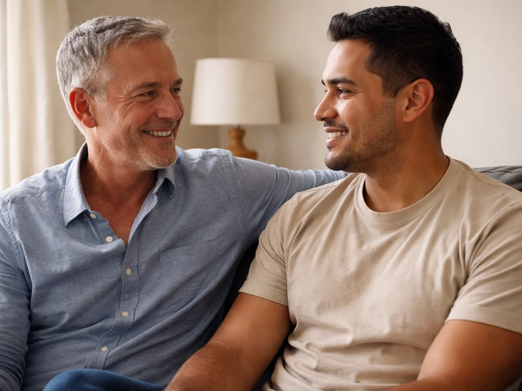 Kenny and Armando seated together on a simple living-room couch, casual and candid.