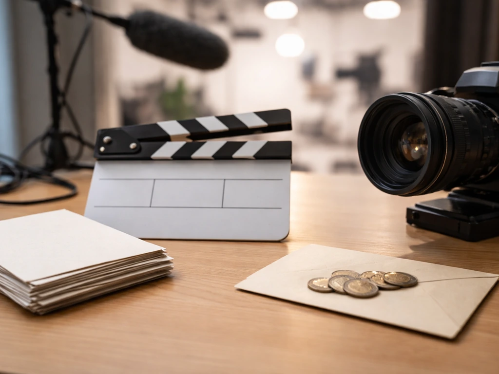 Tabletop scene with blank documents, a production slate, and a camera lens suggesting entertainment fee calculations.