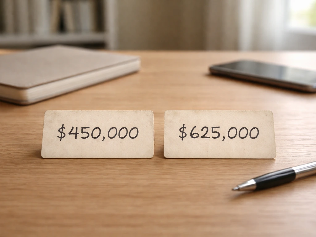 Minimal desk scene with two worn reference cards showing different net-worth figures, implying updates over time.