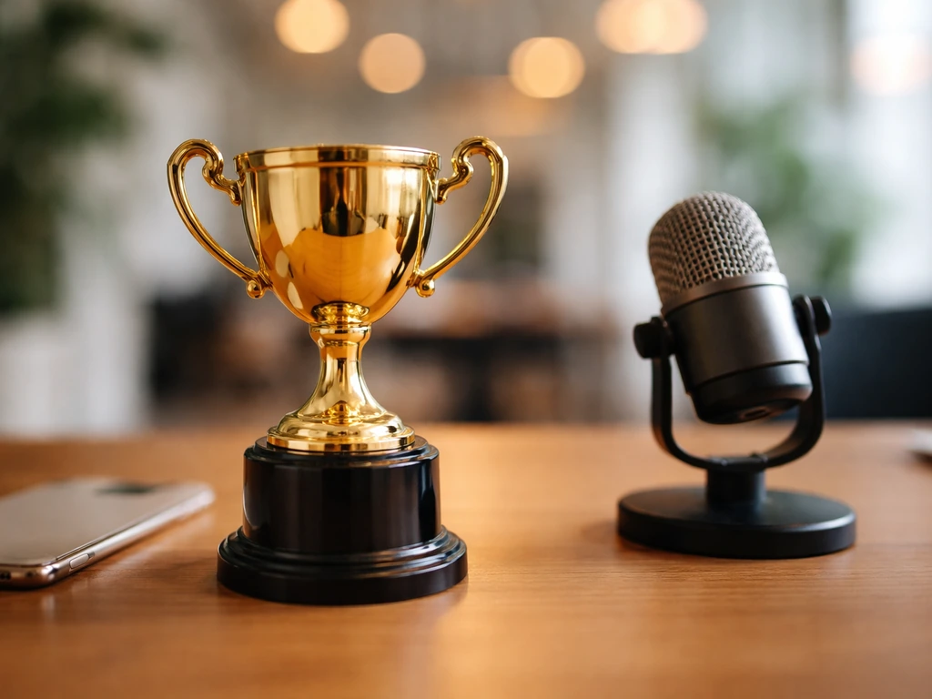 Gold trophy on a desk beside a phone and microphone in a warm studio setting.
