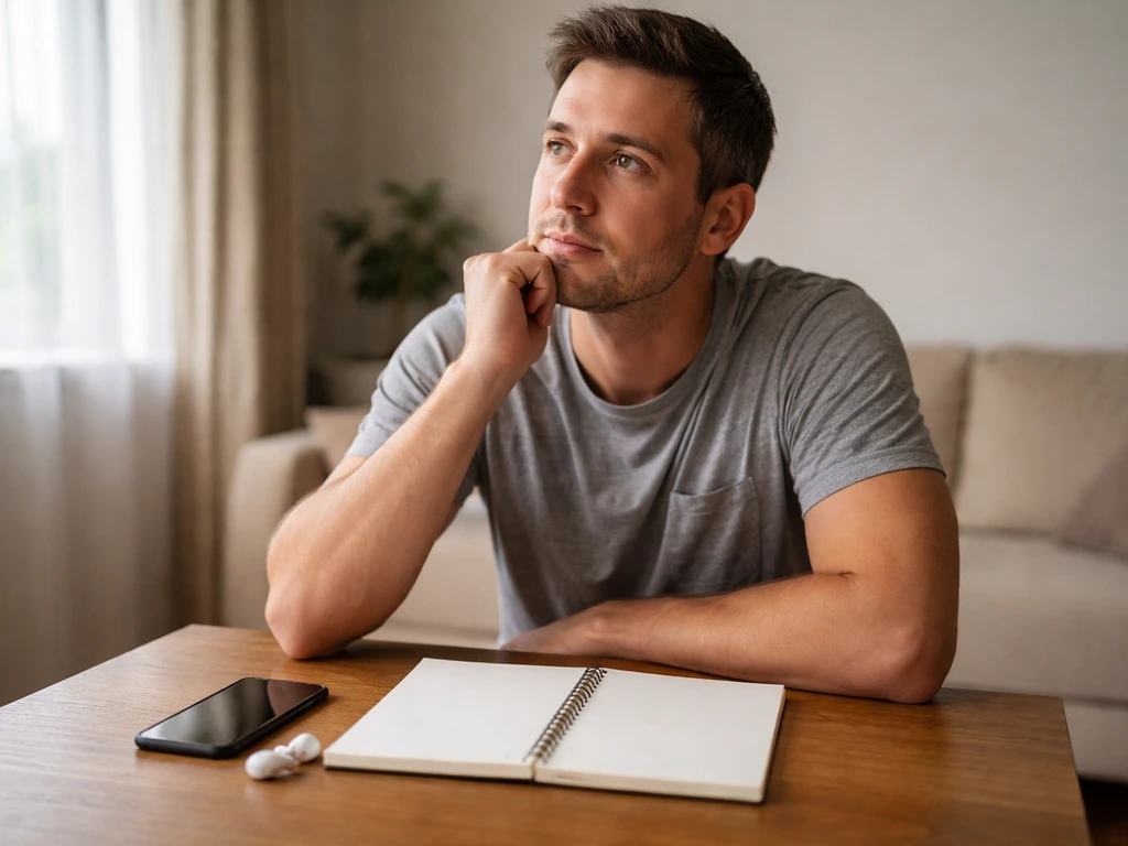 Anonymous man at a small table listening to audio cues, highlighting confusion around a heard nickname.