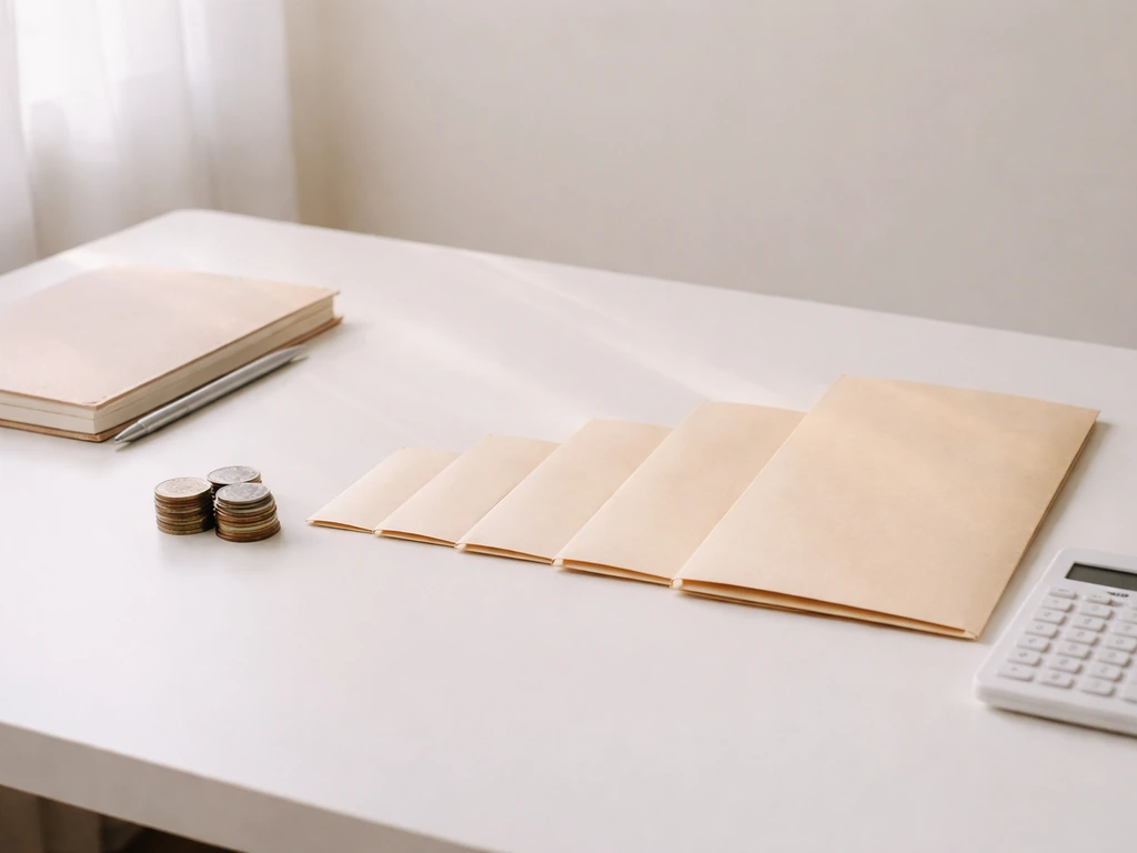 Minimal desk scene with coins and envelopes suggesting a constructed net-worth range, no people or text.