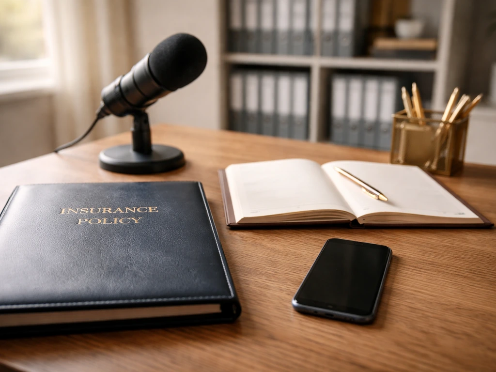 Minimal insurance brokerage desk with policy folder, microphone, and natural light—no people or text.