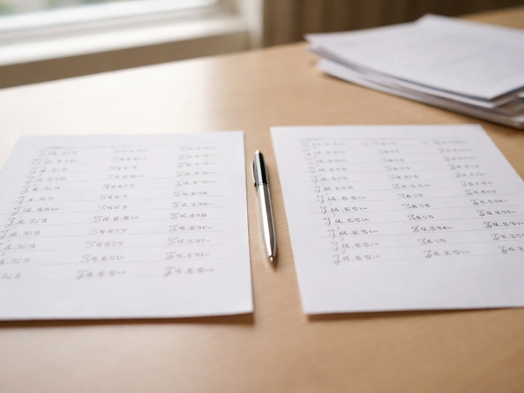 Two side-by-side documents on a desk showing conflicting dollar amounts with a pen between them.