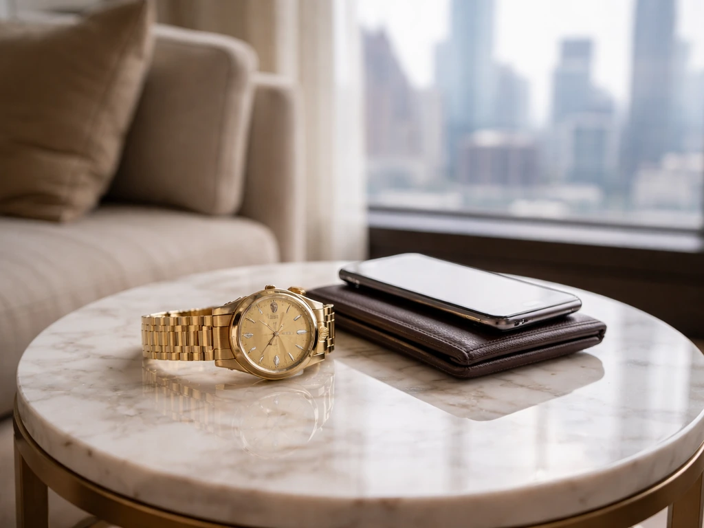 Luxury watch and wallet on a marble table near a window with a blurred city skyline.