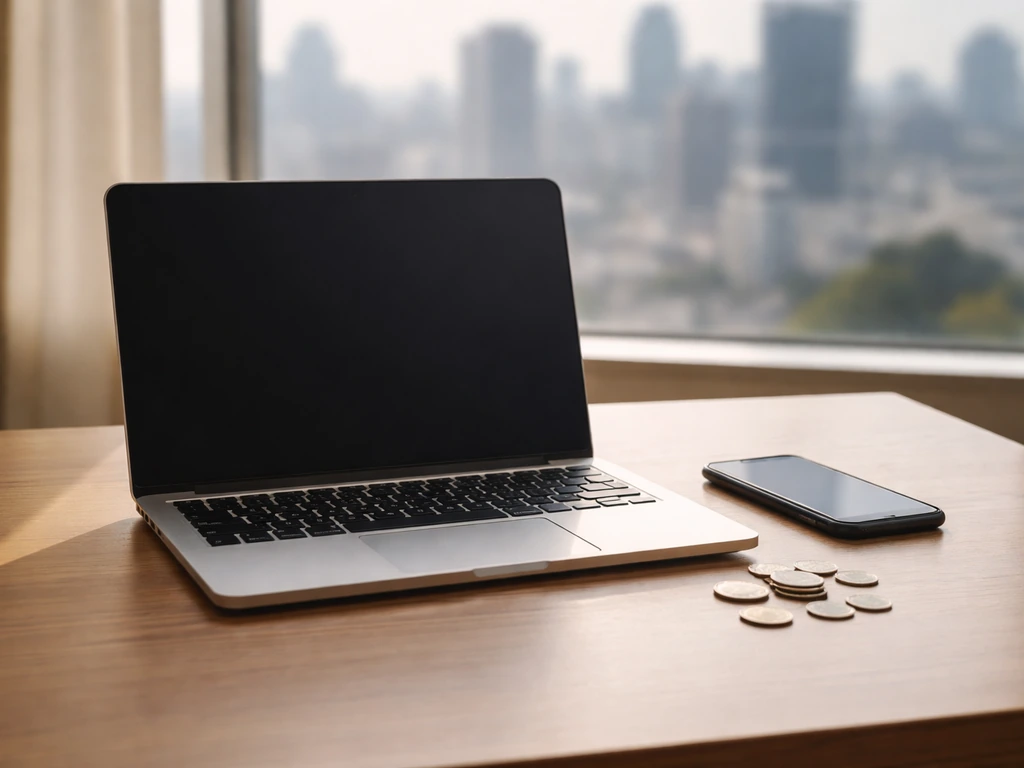 Minimal desk scene symbolizing income streams: a laptop, smartphone, and coins in soft natural light.