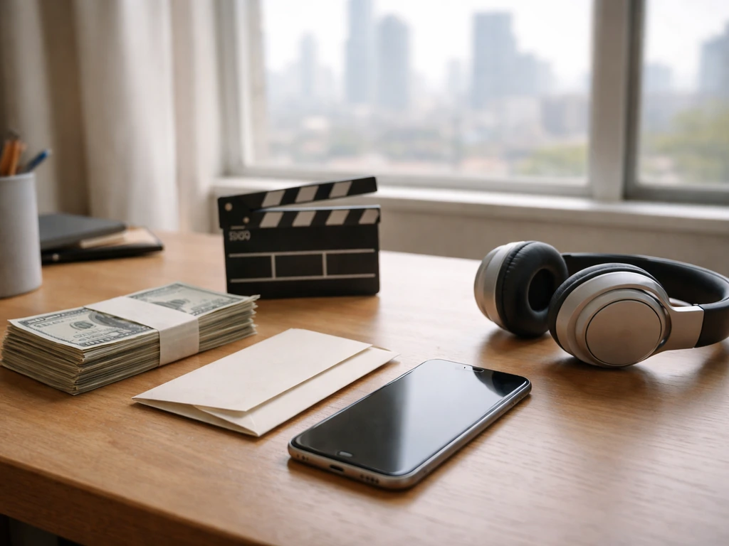 Minimal desk scene showing film/TV industry cues alongside money and a sealed envelope, symbolizing net worth components