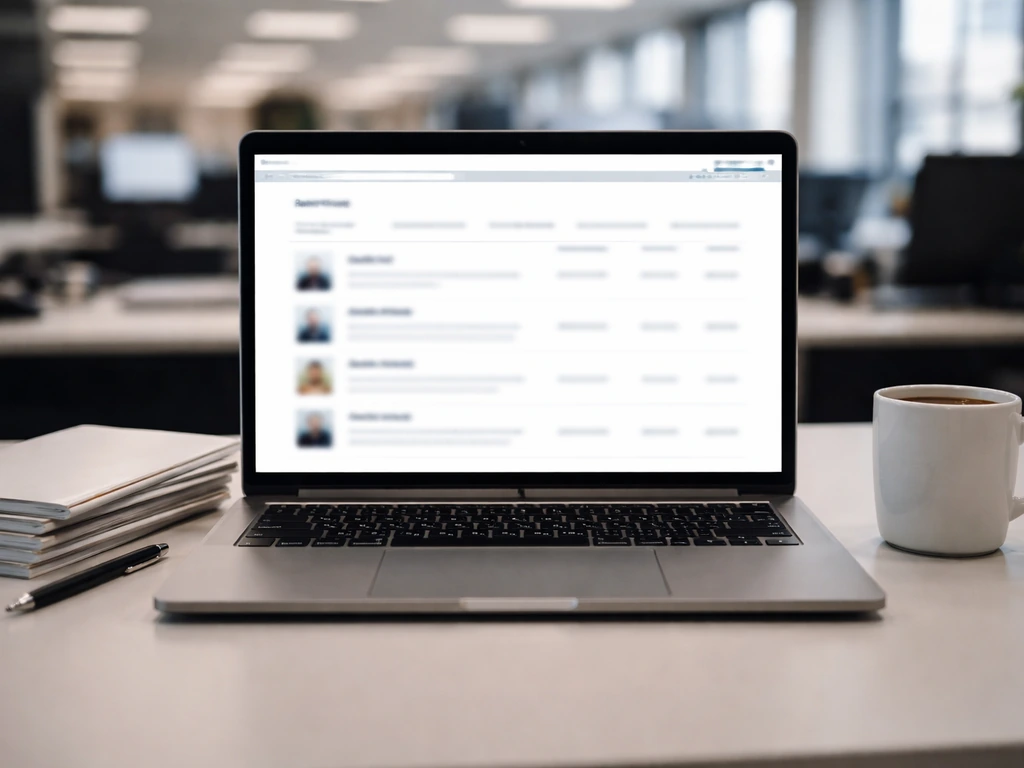 Minimal photo of a business newsroom desk with a laptop showing a blurred ranking layout and notes, no readable text.